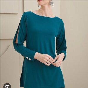 Chico's Green Rhinestone Open Slit Sleeve Stretchy Knit Top Size 3 / XL Cocktail